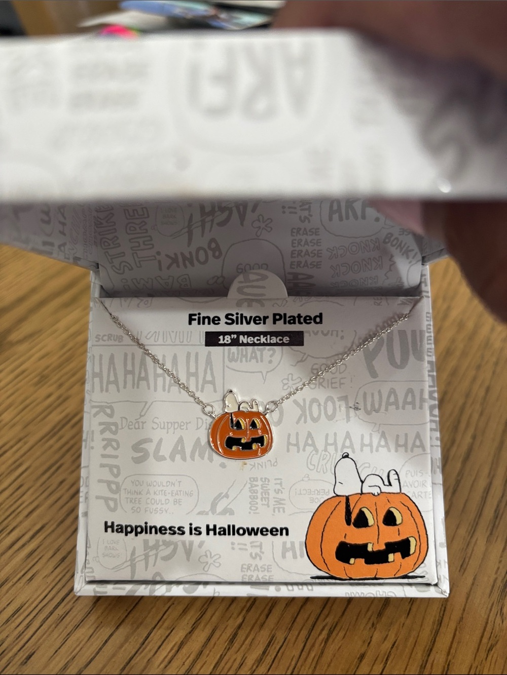 Peanuts Orange Pumpkin Jack-O'-Lantern with Snoopy Necklace - Fine Silver Plate - Picture 2 of 3